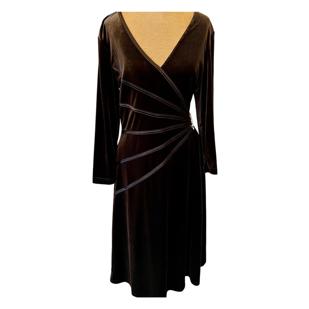 Vintage 90s chocolate brown velvet faux wrap dress midi Sz 8